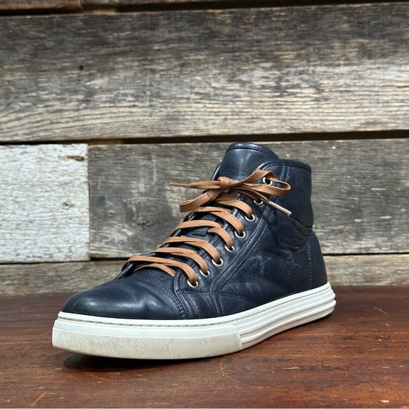 GUCCI Men’s Microsoft Blue Leather High-Top Sneakers White Laces US sz 8 - Picture 2 of 13